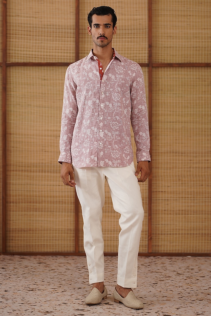 Off White Linen Floral Printed Co-Ord Set by ARJAN DUGAL