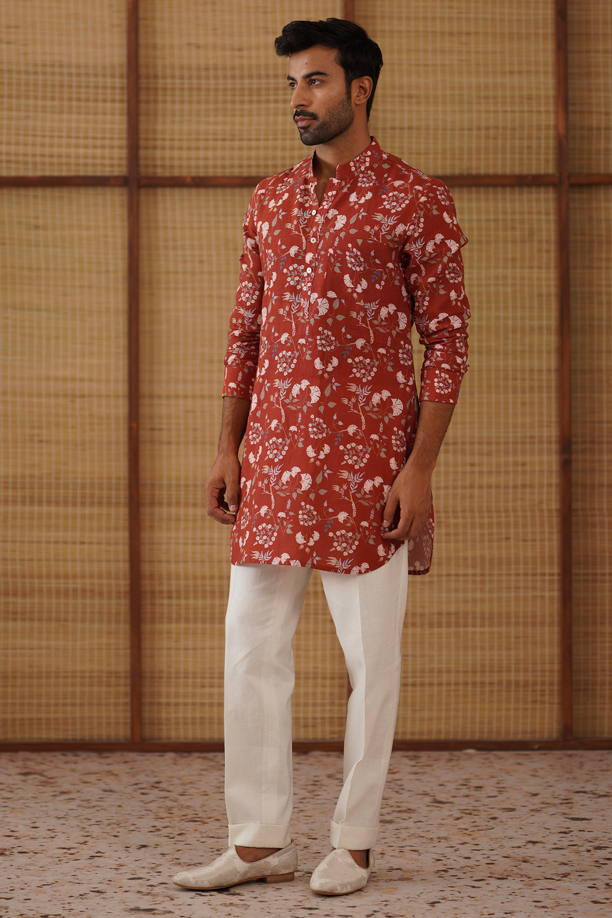 Rust Linen Floral Printed Kurta Set by ARJAN DUGAL