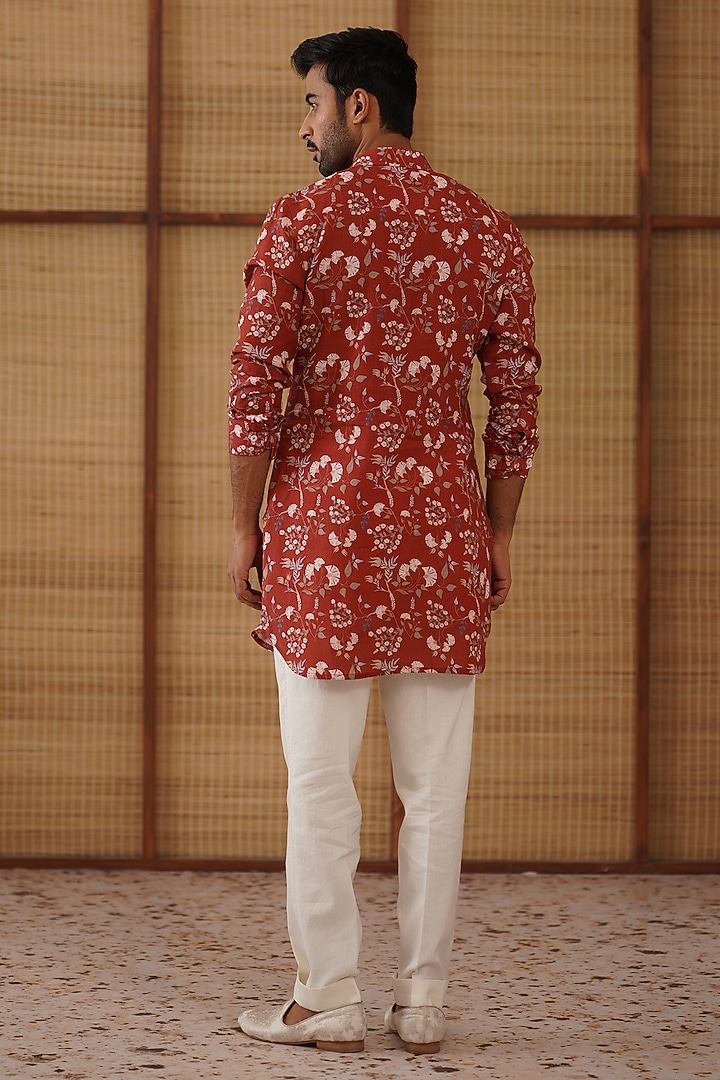 Rust Linen Floral Printed Kurta Set by ARJAN DUGAL at Pernia's Pop Up Shop
