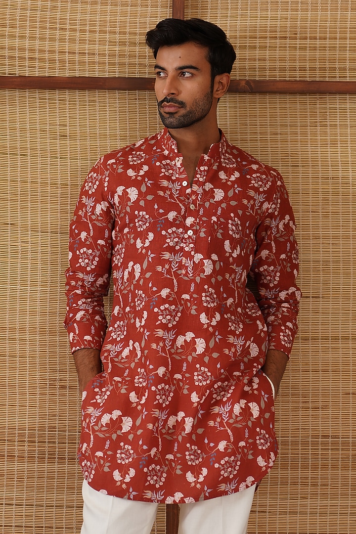 Rust Linen Floral Printed Kurta Set by ARJAN DUGAL at Pernia's Pop Up Shop