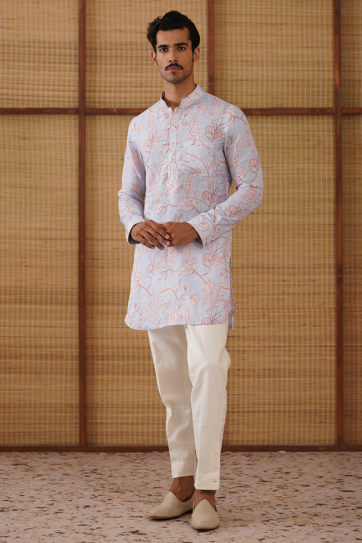 Powder Blue Linen Floral Printed Kurta Set by ARJAN DUGAL