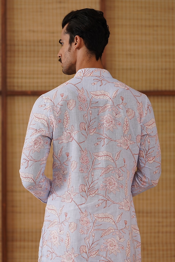 Powder Blue Linen Floral Printed Kurta Set by ARJAN DUGAL at Pernia's Pop Up Shop