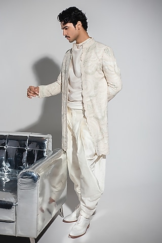 Off-White Organza & Moonga Silk Dori Embroidered Achkan Set by ARJAN DUGAL