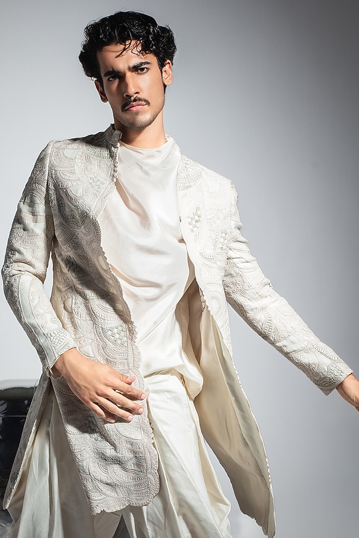 Off-White Organza & Moonga Silk Dori Embroidered Achkan Set by ARJAN DUGAL at Pernia's Pop Up Shop