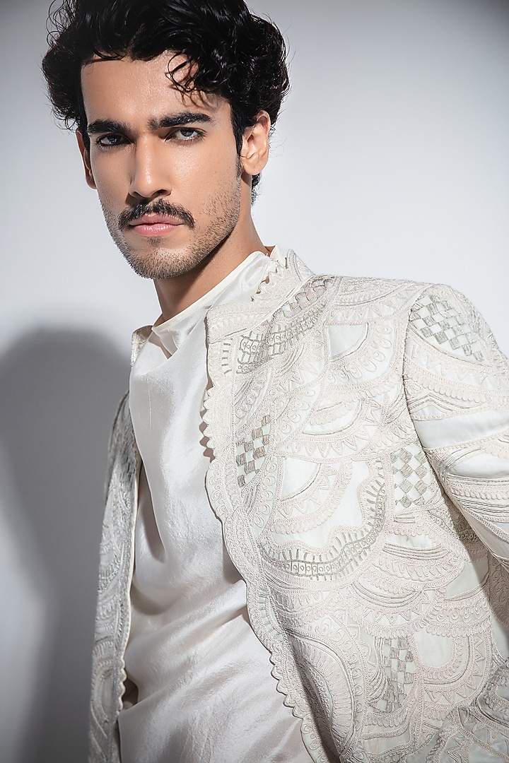Off-White Organza & Moonga Silk Dori Embroidered Achkan Set by ARJAN DUGAL at Pernia's Pop Up Shop