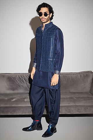Navy Blue Organza & Moonga Silk Embroidered Nehru Jacket Set by ARJAN DUGAL