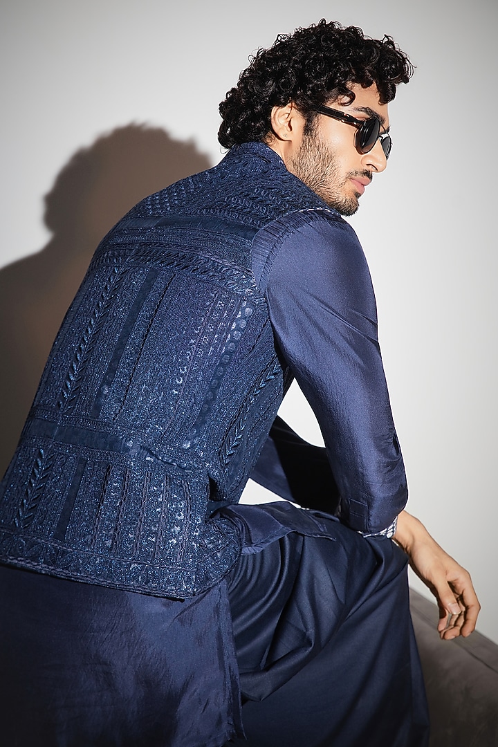 Navy Blue Organza & Moonga Silk Embroidered Nehru Jacket Set by ARJAN DUGAL at Pernia's Pop Up Shop