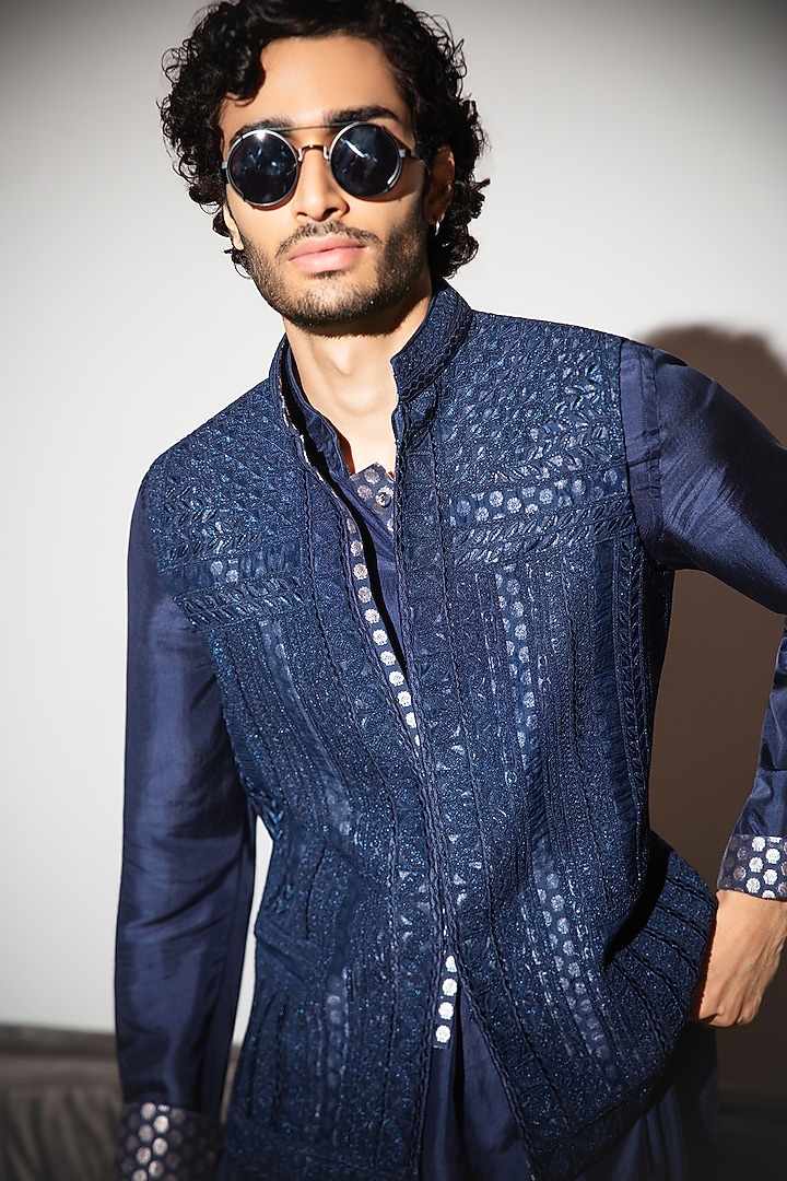 Navy Blue Organza & Moonga Silk Embroidered Nehru Jacket Set by ARJAN DUGAL at Pernia's Pop Up Shop