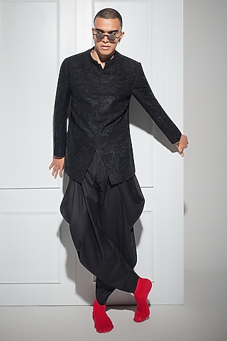Black Organza & Moonga Silk Dori Embroidered Bandhgala Set by ARJAN DUGAL