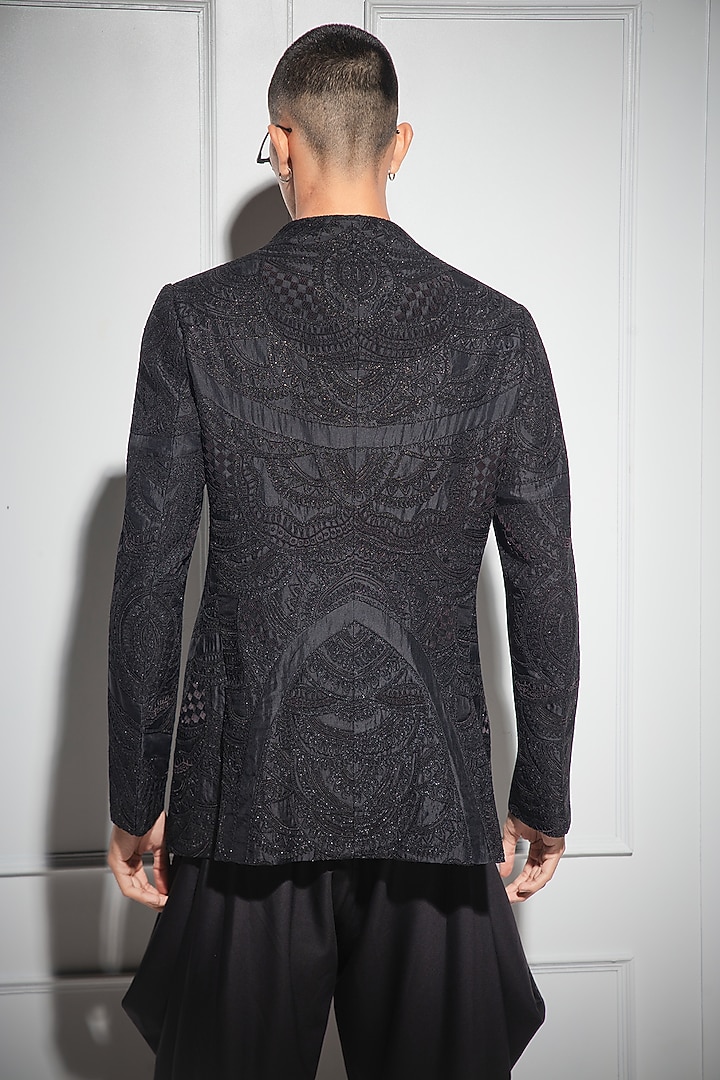Black Organza & Moonga Silk Dori Embroidered Groom Bandhgala Set by ARJAN DUGAL at Pernia's Pop Up Shop