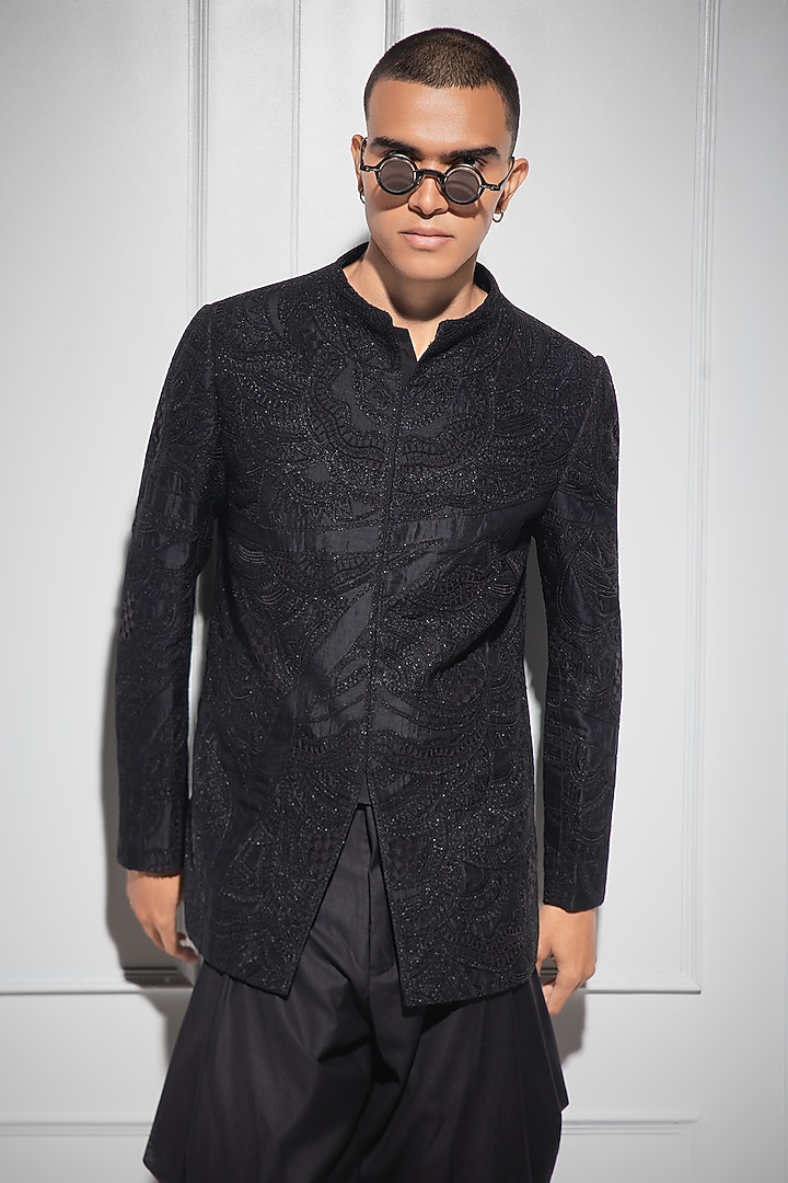 Black Organza & Moonga Silk Dori Embroidered Groom Bandhgala Set by ARJAN DUGAL at Pernia's Pop Up Shop