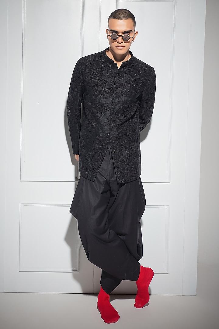 Black Organza & Moonga Silk Dori Embroidered Groom Bandhgala Set by ARJAN DUGAL at Pernia's Pop Up Shop