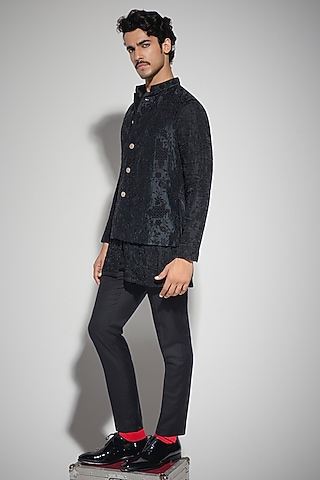 Black Banarasi Brocade Nehru Jacket Set by ARJAN DUGAL
