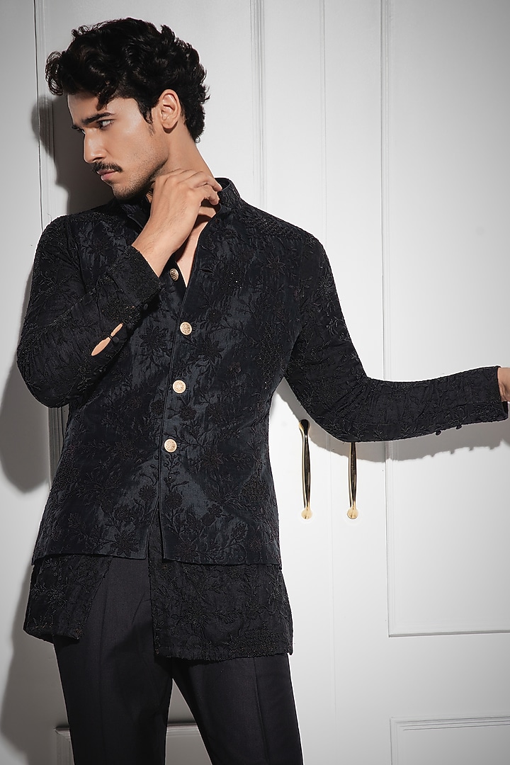 Black Banarasi Brocade Nehru Jacket Set by ARJAN DUGAL at Pernia's Pop Up Shop