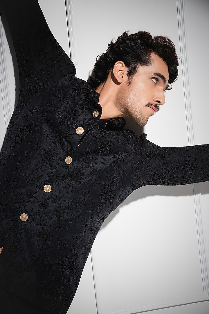 Black Banarasi Brocade Nehru Jacket Set by ARJAN DUGAL at Pernia's Pop Up Shop