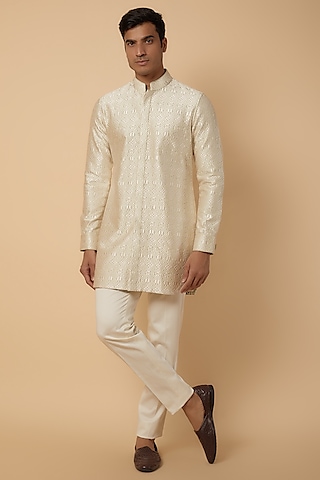 Ivory Silk Embroidered Kurta Set by ARJAN DUGAL