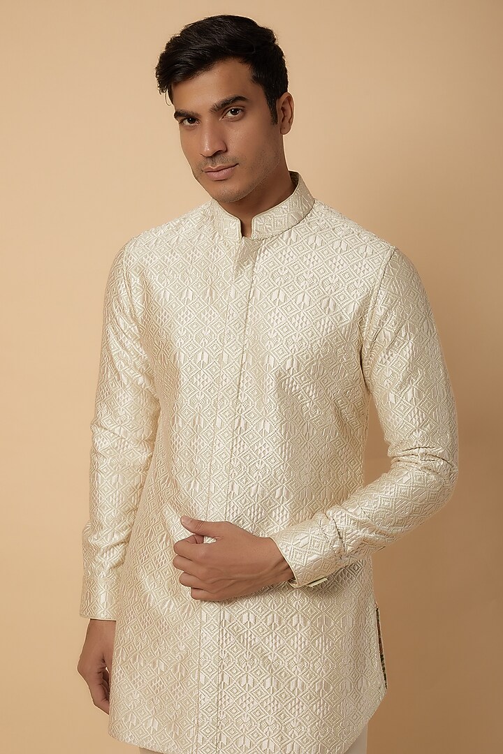 Ivory Silk Embroidered Kurta Set by ARJAN DUGAL at Pernia's Pop Up Shop