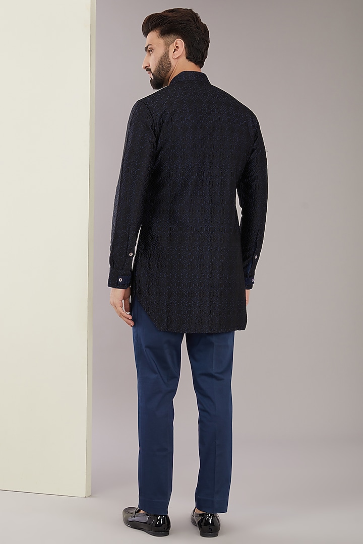 Black Silk Embroidered Kurta Set by ARJAN DUGAL at Pernia's Pop Up Shop
