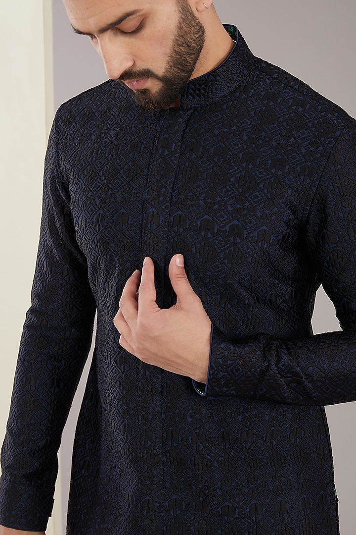 Black Silk Embroidered Kurta Set by ARJAN DUGAL at Pernia's Pop Up Shop