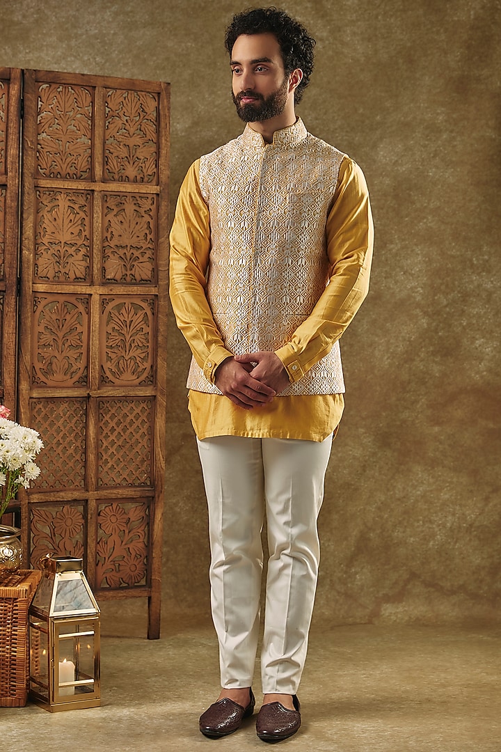 Mustard Yellow Silk Embroidered Nehru Jacket Set by ARJAN DUGAL