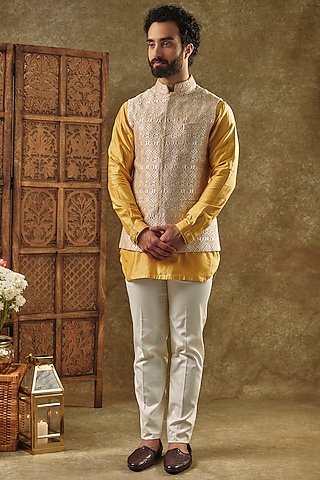 Mustard Yellow Silk Embroidered Nehru Jacket Set by ARJAN DUGAL