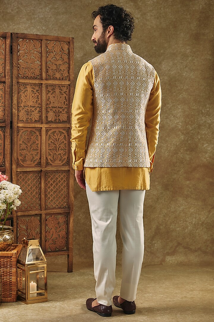 Mustard Yellow Silk Embroidered Nehru Jacket Set by ARJAN DUGAL at Pernia's Pop Up Shop