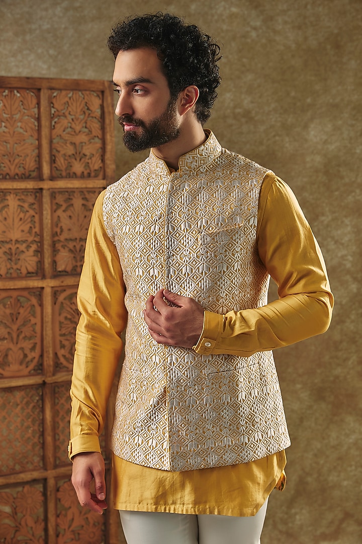 Mustard Yellow Silk Embroidered Nehru Jacket Set by ARJAN DUGAL at Pernia's Pop Up Shop