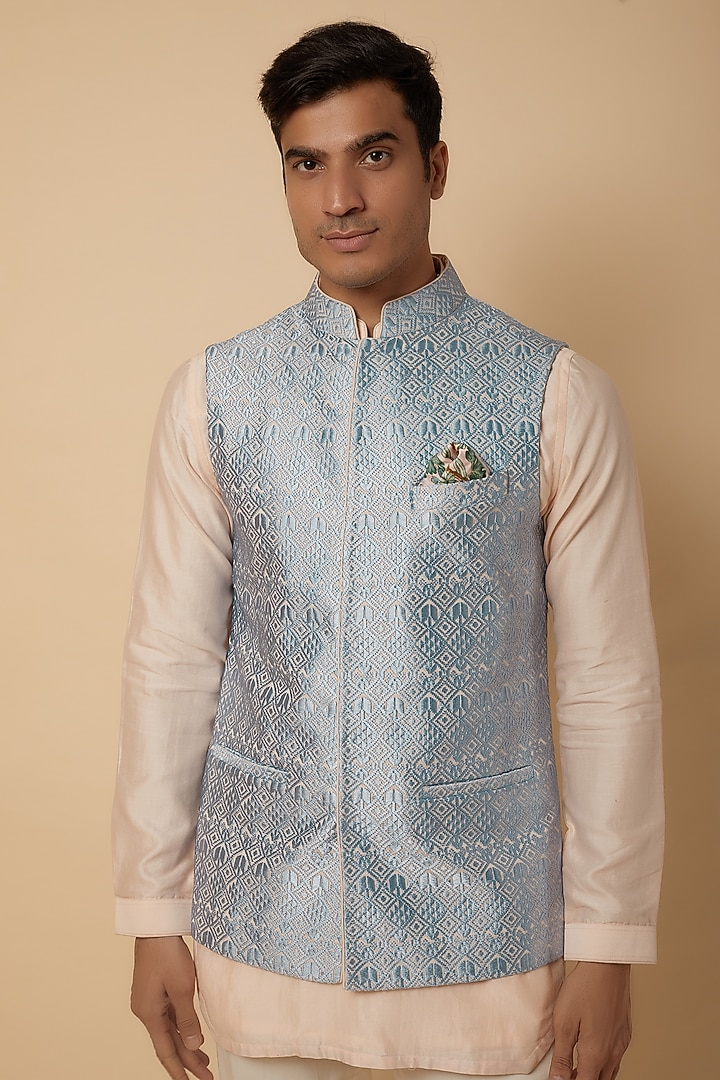 Blue Silk Embroidered Nehru Jacket Set by ARJAN DUGAL at Pernia's Pop Up Shop