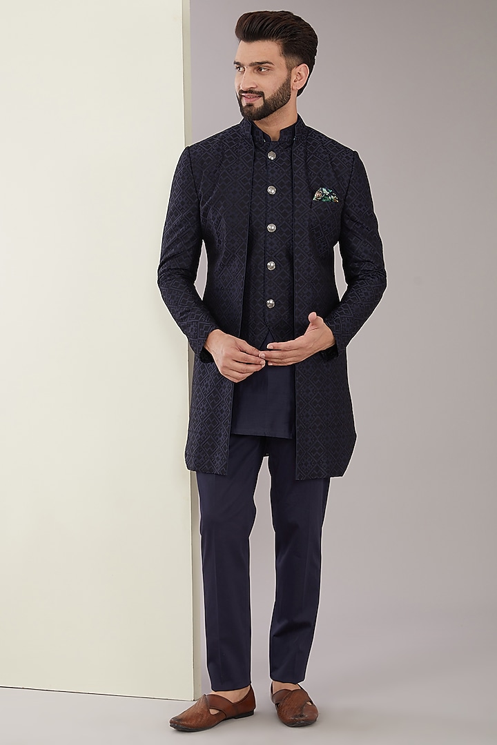 Navy Blue Chanderi Silk Indowestern Set by ARJAN DUGAL at Pernia's Pop Up Shop