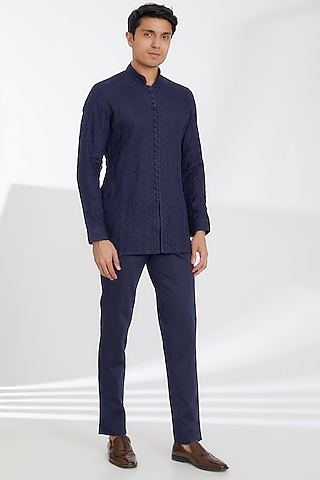 Navy Blue Silk Organza Kurta Set by ARJAN DUGAL