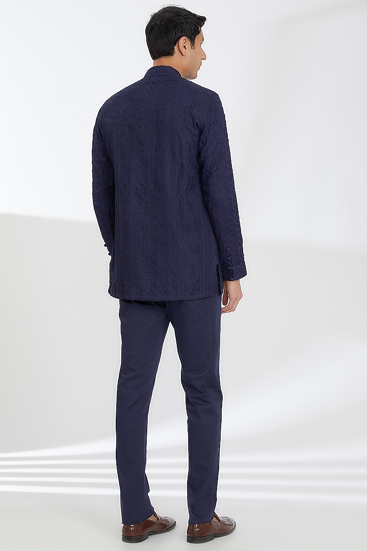 Navy Blue Silk Organza Kurta Set by ARJAN DUGAL at Pernia's Pop Up Shop