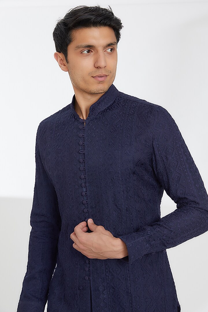 Navy Blue Silk Organza Kurta Set by ARJAN DUGAL at Pernia's Pop Up Shop