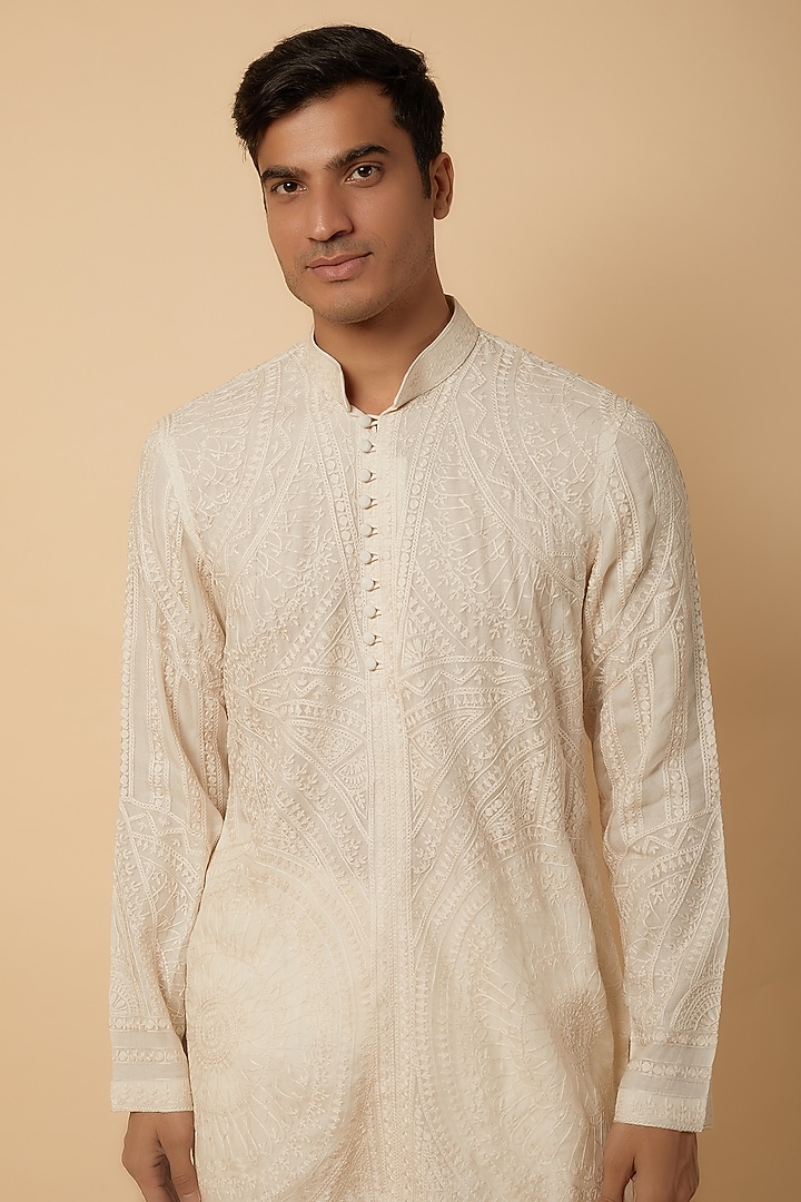 Ivory Cotton Aari Embroidered Kurta Set by ARJAN DUGAL at Pernia's Pop Up Shop