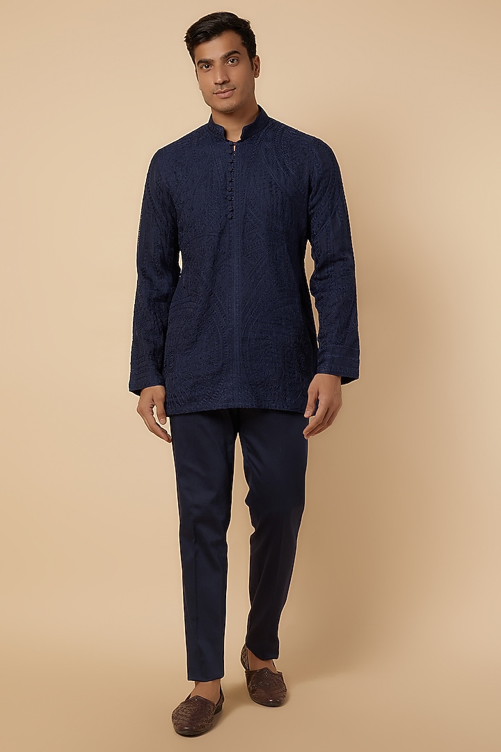 Navy Blue Cotton Aari Embroidered Short Kurta Set by ARJAN DUGAL at Pernia's Pop Up Shop