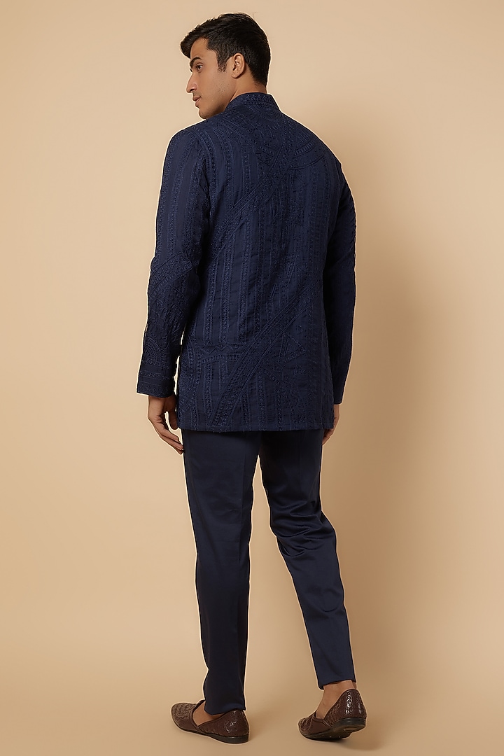 Navy Blue Cotton Aari Embroidered Short Kurta Set by ARJAN DUGAL at Pernia's Pop Up Shop