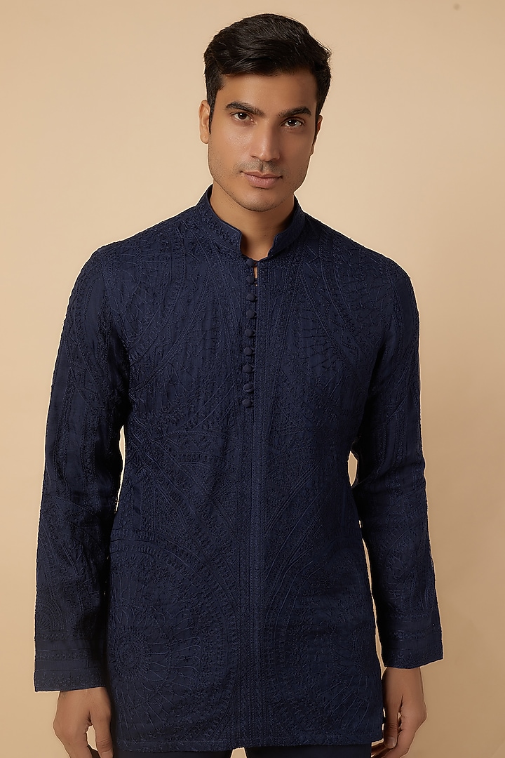 Navy Blue Cotton Aari Embroidered Short Kurta Set by ARJAN DUGAL at Pernia's Pop Up Shop