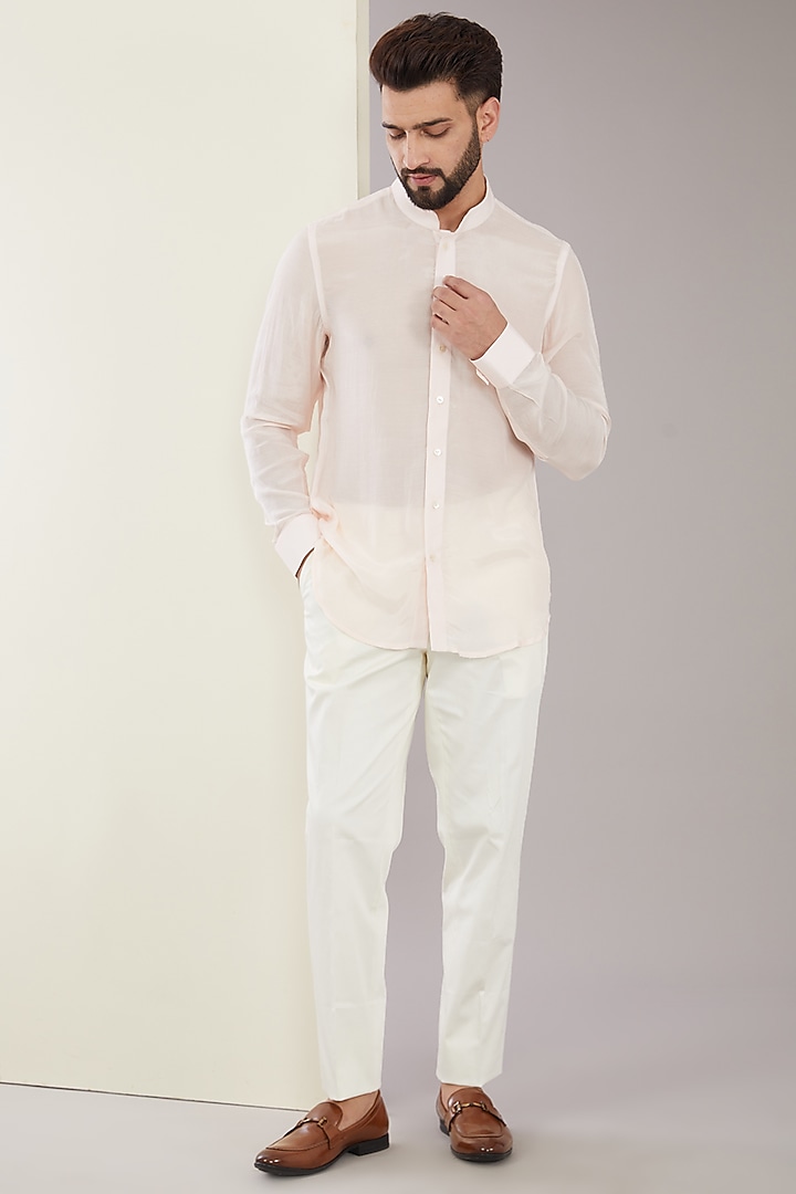 Powder Pink Cotton & Silk Dori Embroidered Groom Bandhgala Set by ARJAN DUGAL at Pernia's Pop Up Shop