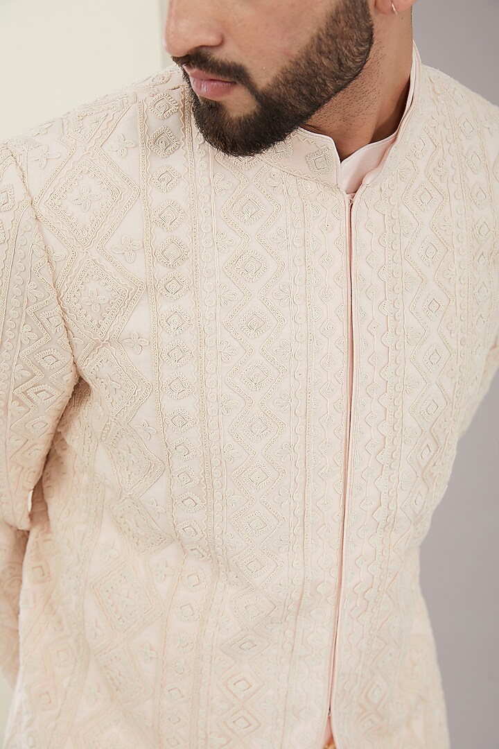Powder Pink Cotton & Silk Dori Embroidered Groom Bandhgala Set by ARJAN DUGAL at Pernia's Pop Up Shop