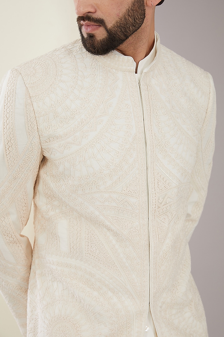 Ivory Cotton & Silk Dori Embroidered Groom Bandhgala Set by ARJAN DUGAL at Pernia's Pop Up Shop