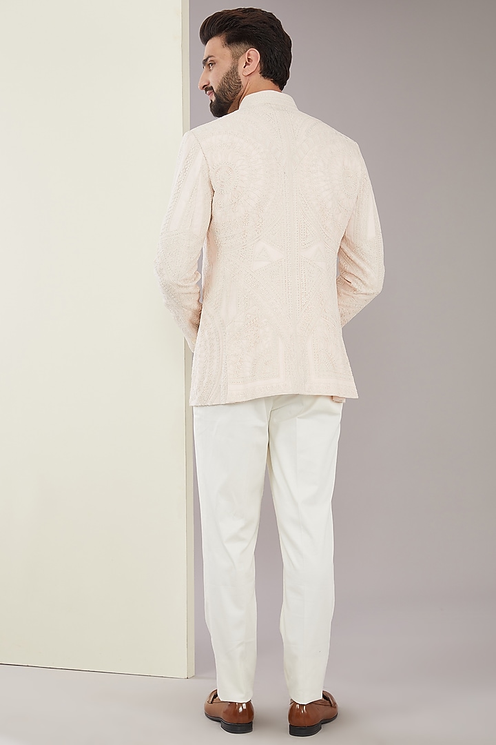 Powder Pink Cotton & Silk Dori Embroidered Groom Bandhgala Set by ARJAN DUGAL at Pernia's Pop Up Shop