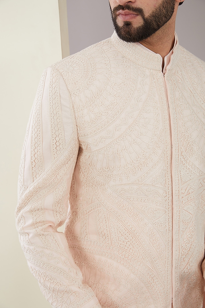 Powder Pink Cotton & Silk Dori Embroidered Groom Bandhgala Set by ARJAN DUGAL at Pernia's Pop Up Shop