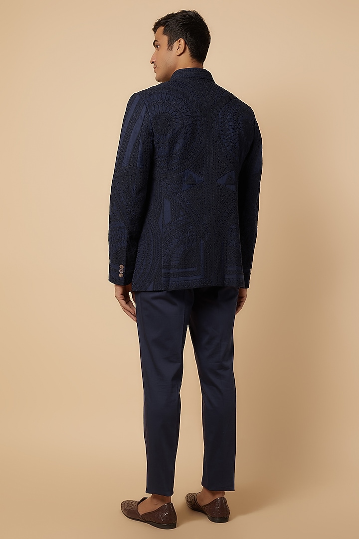 Navy Blue Silk Georgette Dori Embroidered Groom Bandhgala Set by ARJAN DUGAL at Pernia's Pop Up Shop