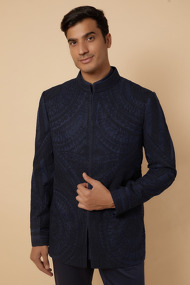 Navy Blue Silk Georgette Dori Embroidered Groom Bandhgala Set by ARJAN DUGAL at Pernia's Pop Up Shop