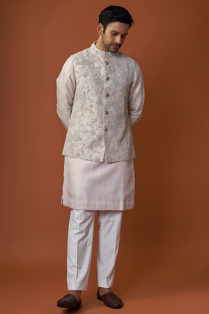 Powder Pink Banarasi & Organza Kora Embroidered Nehru Jacket Set by ARJAN DUGAL at Pernia's Pop Up Shop