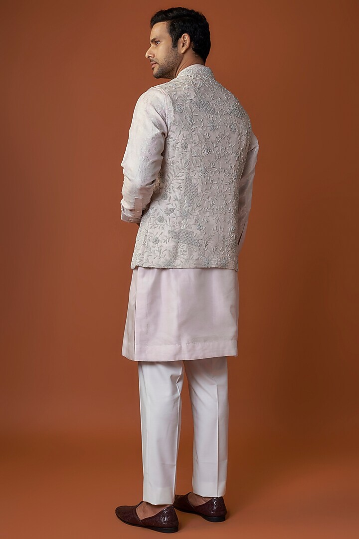 Powder Pink Banarasi & Organza Kora Embroidered Nehru Jacket Set by ARJAN DUGAL at Pernia's Pop Up Shop
