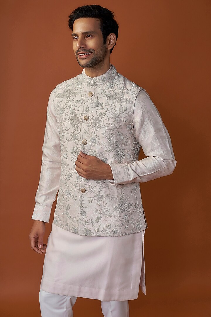 Powder Pink Banarasi & Organza Kora Embroidered Nehru Jacket Set by ARJAN DUGAL at Pernia's Pop Up Shop