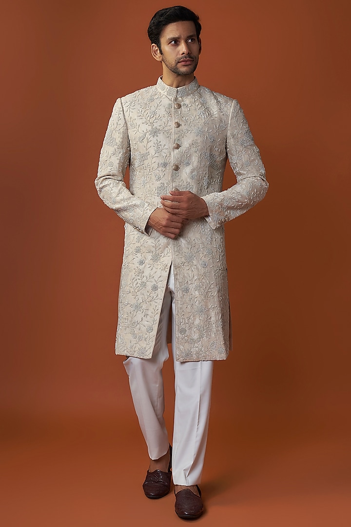 Champagne Banarasi & Organza Kora Embroidered Achkan Jacket by ARJAN DUGAL at Pernia's Pop Up Shop