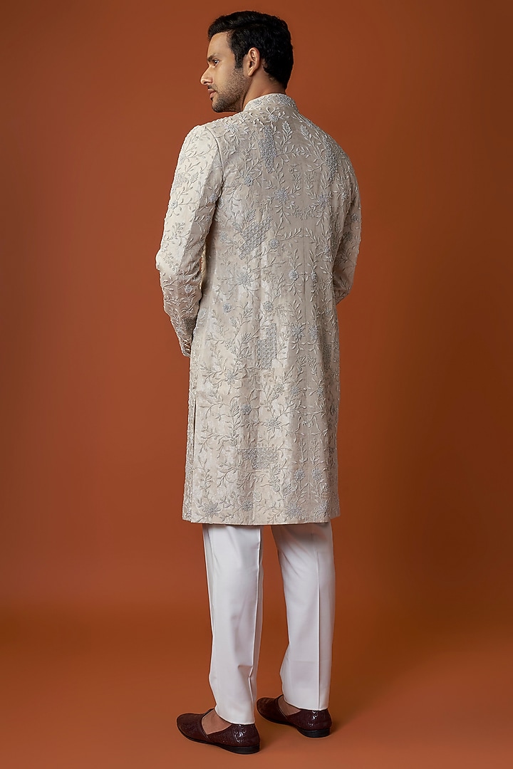 Champagne Banarasi & Organza Kora Embroidered Achkan Jacket by ARJAN DUGAL at Pernia's Pop Up Shop