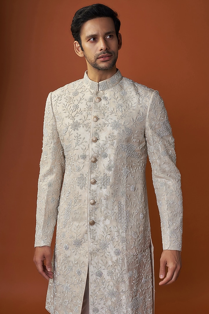 Champagne Banarasi & Organza Kora Embroidered Achkan Jacket by ARJAN DUGAL at Pernia's Pop Up Shop