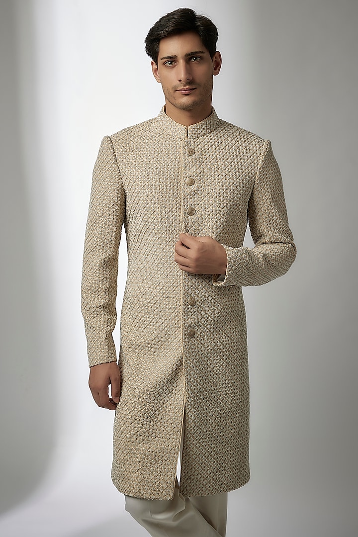 Champagne Chanderi Silk Embroidered Sherwani by ARJAN DUGAL